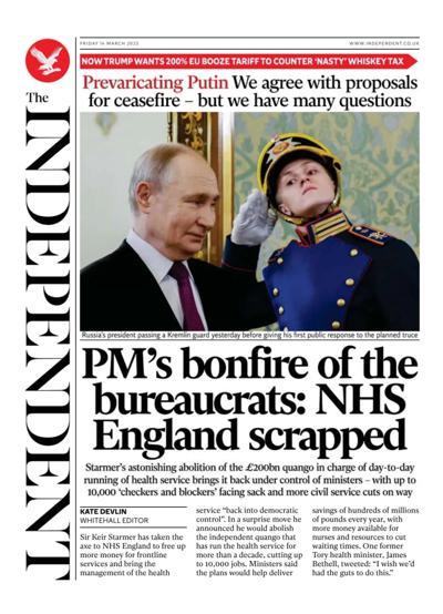 The Independent Newspaper Front Page (UK) for 14 March 2025