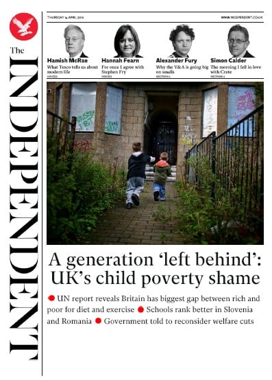 The Independent Newspaper Front Page (UK) for 14 April 2016