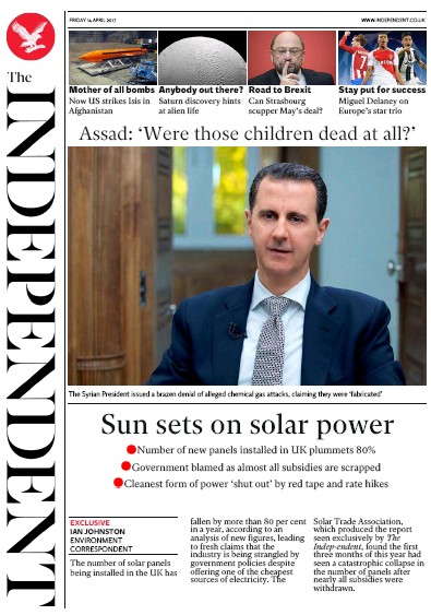 The Independent Newspaper Front Page (UK) for 14 April 2017
