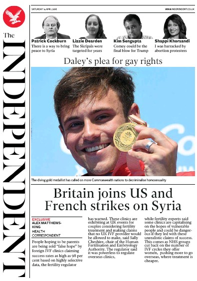 The Independent Newspaper Front Page (UK) for 14 April 2018