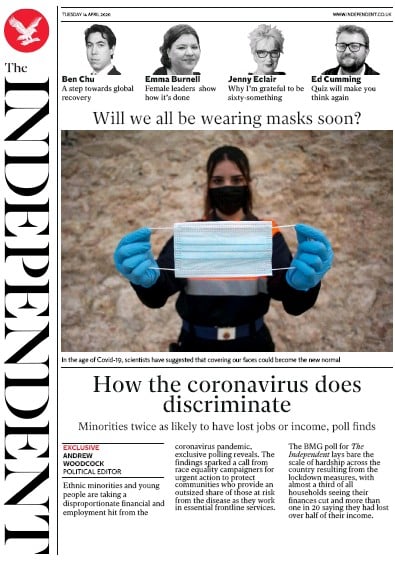 The Independent Newspaper Front Page (UK) for 14 April 2020