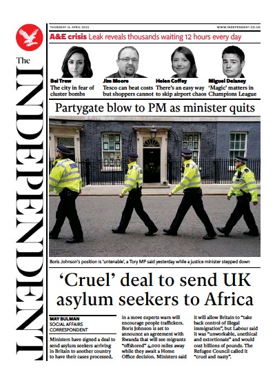 The Independent Newspaper Front Page (UK) for 14 April 2022