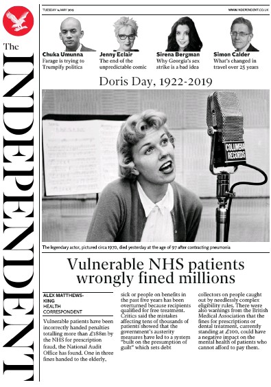 The Independent Newspaper Front Page (UK) for 14 May 2019