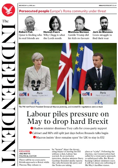 The Independent Newspaper Front Page (UK) for 14 June 2017