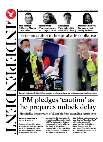 The Independent Newspaper Front Page (UK) for 14 June 2021