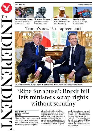 The Independent Newspaper Front Page (UK) for 14 July 2017
