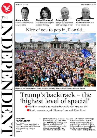 The Independent Newspaper Front Page (UK) for 14 July 2018