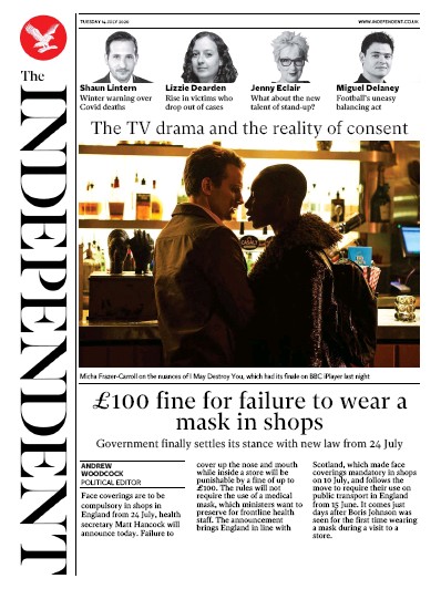 The Independent Newspaper Front Page (UK) for 14 July 2020