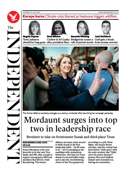 The Independent Newspaper Front Page (UK) for 14 July 2022