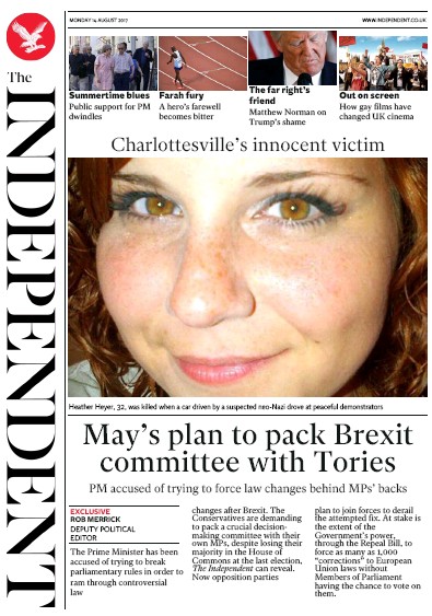 The Independent Newspaper Front Page (UK) for 14 August 2017