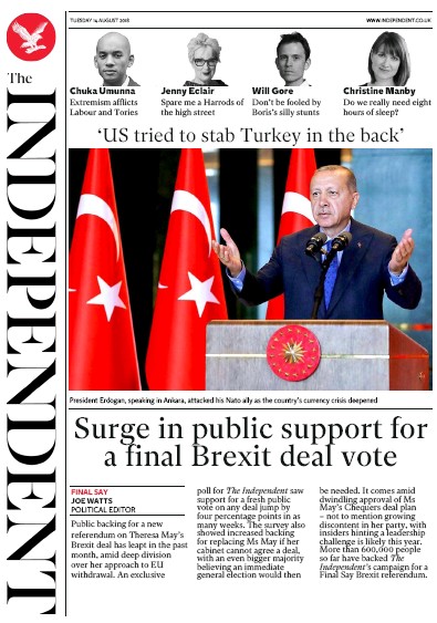 The Independent Newspaper Front Page (UK) for 14 August 2018