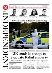 The Independent (UK) Newspaper Front Page for 14 August 2021