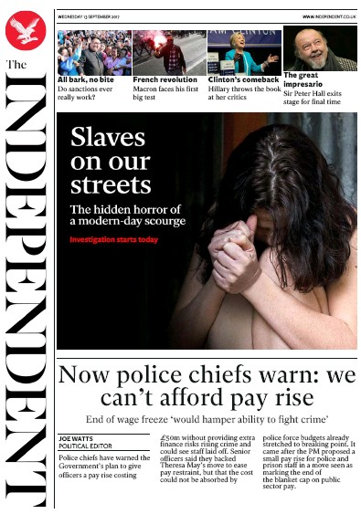 The Independent Newspaper Front Page (UK) for 14 September 2017