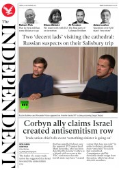The Independent (UK) Newspaper Front Page for 14 September 2018