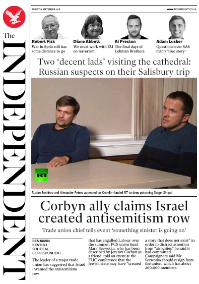 The Independent Newspaper Front Page (UK) for 14 September 2018