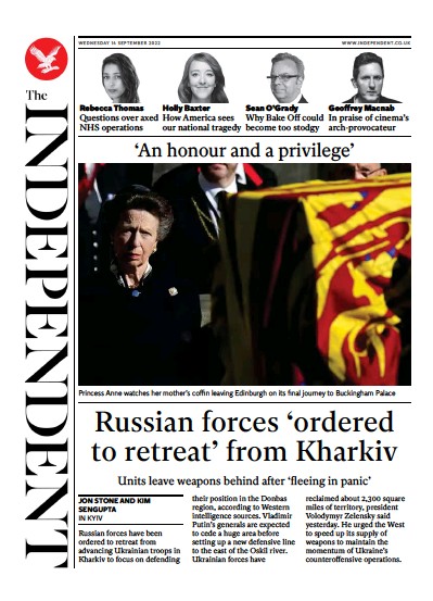 The Independent Newspaper Front Page (UK) for 14 September 2022