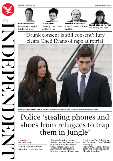 The Independent Newspaper Front Page (UK) for 15 October 2016
