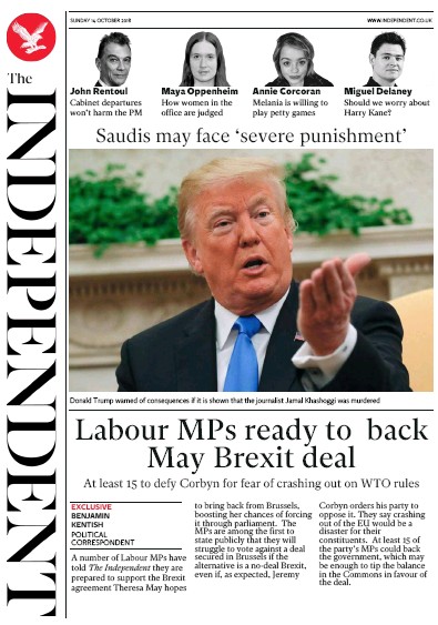 The Independent Newspaper Front Page (UK) for 15 October 2018