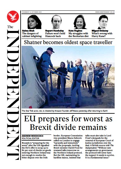 The Independent Newspaper Front Page (UK) for 15 October 2021