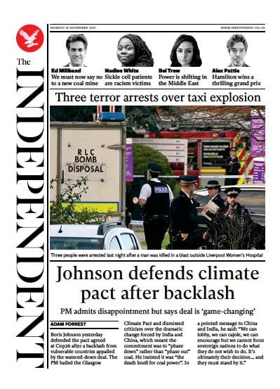 The Independent Newspaper Front Page (UK) for 15 November 2021