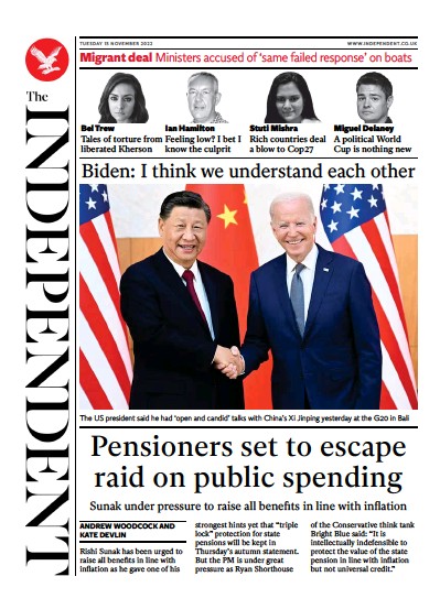 The Independent Newspaper Front Page (UK) for 15 November 2022