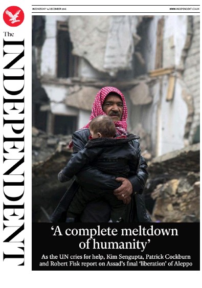 The Independent Newspaper Front Page (UK) for 15 December 2016