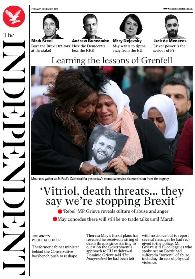 The Independent Newspaper Front Page (UK) for 15 December 2017