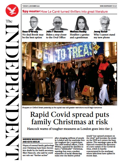 The Independent Newspaper Front Page (UK) for 15 December 2020