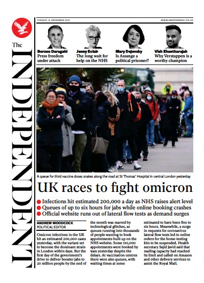 The Independent Newspaper Front Page (UK) for 15 December 2021