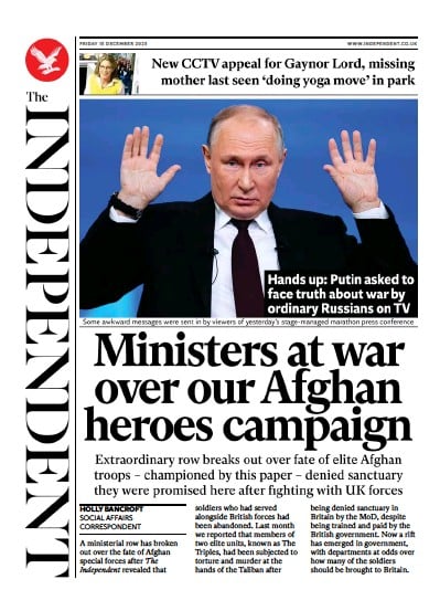 The Independent Newspaper Front Page (UK) for 15 December 2023