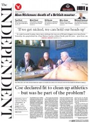 The Independent (UK) Newspaper Front Page for 15 January 2016