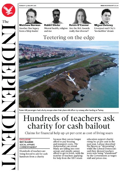 The Independent Newspaper Front Page (UK) for 15 January 2018