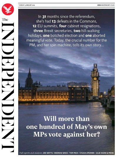 The Independent Newspaper Front Page (UK) for 15 January 2019