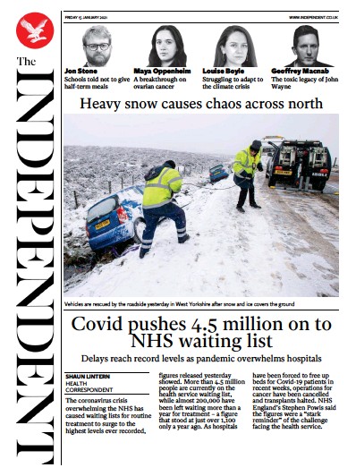 The Independent Newspaper Front Page (UK) for 15 January 2021