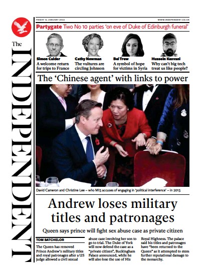 The Independent Newspaper Front Page (UK) for 15 January 2022