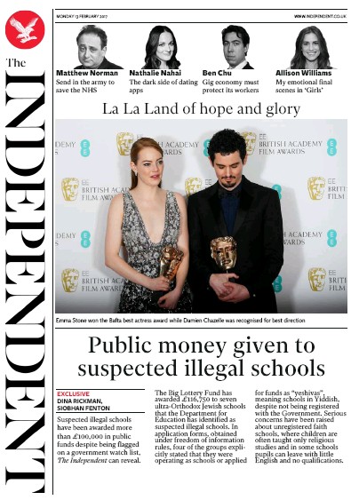The Independent Newspaper Front Page (UK) for 15 February 2017
