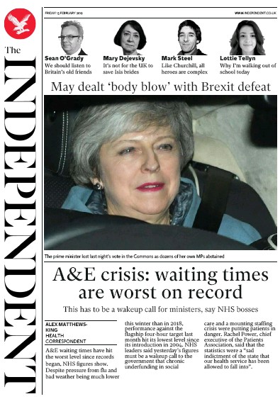 The Independent Newspaper Front Page (UK) for 15 February 2019