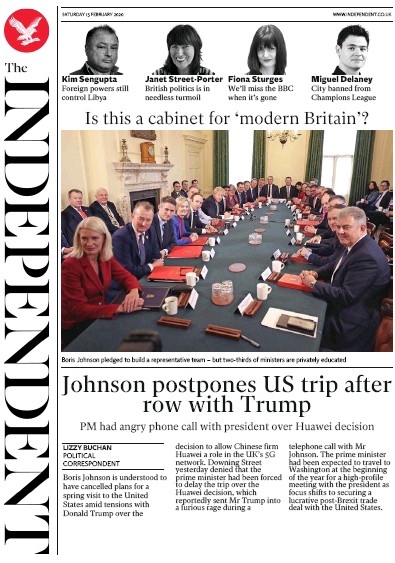 The Independent Newspaper Front Page (UK) for 15 February 2020