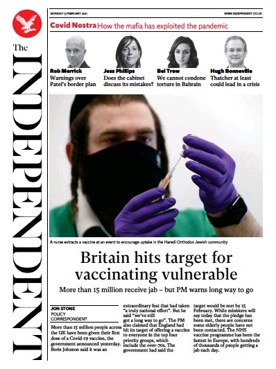 The Independent Newspaper Front Page (UK) for 15 February 2021