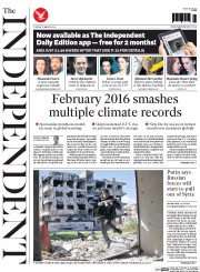 The Independent (UK) Newspaper Front Page for 15 March 2016