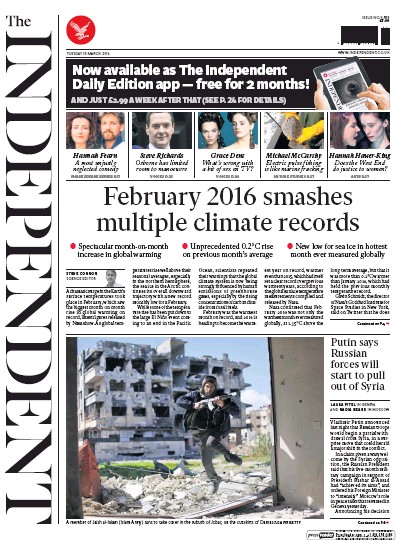 The Independent Newspaper Front Page (UK) for 15 March 2016