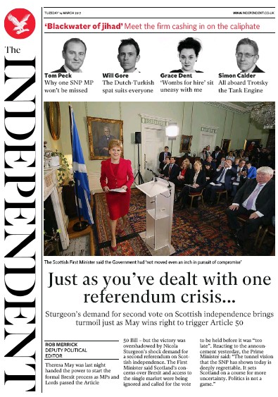 The Independent Newspaper Front Page (UK) for 15 March 2017