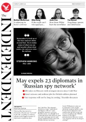 The Independent (UK) Newspaper Front Page for 15 March 2018