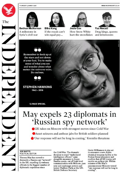 The Independent Newspaper Front Page (UK) for 15 March 2018