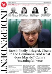 The Independent (UK) Newspaper Front Page for 15 March 2019