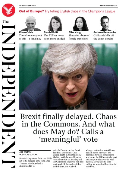 The Independent Newspaper Front Page (UK) for 15 March 2019