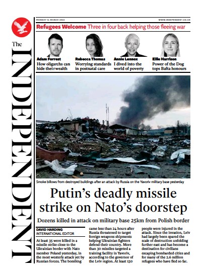 The Independent Newspaper Front Page (UK) for 15 March 2022