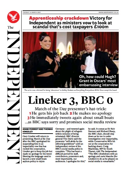 The Independent Newspaper Front Page (UK) for 15 March 2023
