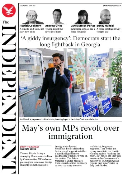 The Independent Newspaper Front Page (UK) for 15 April 2017