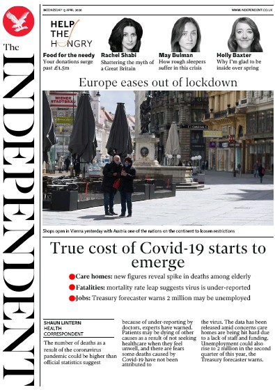 The Independent Newspaper Front Page (UK) for 15 April 2020
